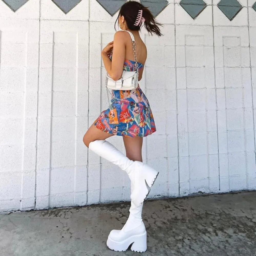 Aminugal Womens White Synthetic Chunky Block High Heel Knee High Platform Boots